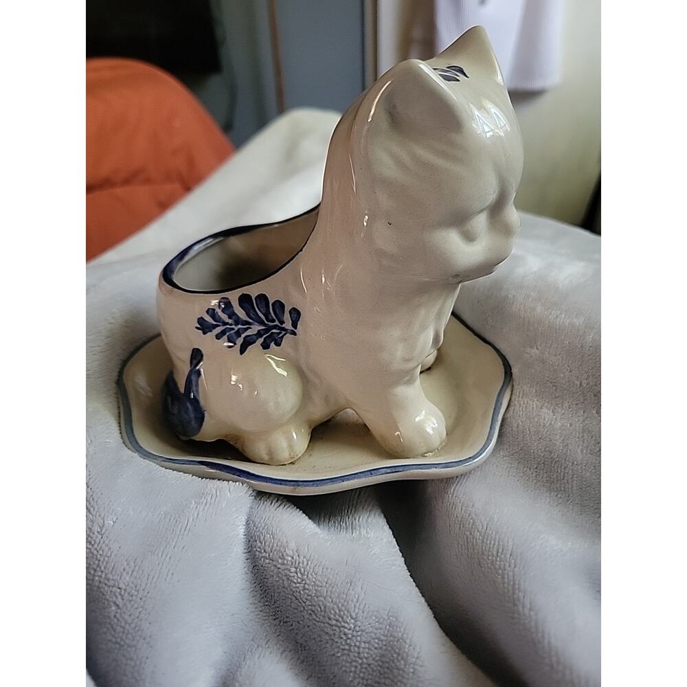 Retro CDP White Clay Pottery Hand Painted Blue Sitting Cat Planter Attached Tray